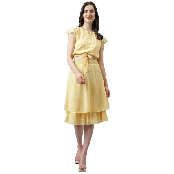 Latin Quarters Women Yellow Co-Ord Set with A Line Skirt and Knotted Top with Cap Sleeves