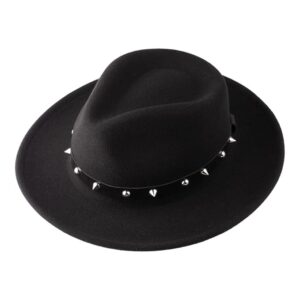 The Tie Hub Black Wool Fedora Hat for Men Wide Brim with Silver Studded Band