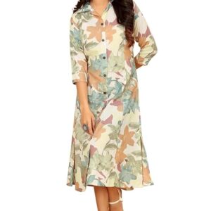 KESUDI A Line Dresses for Women Western Latest - Rayon Floral One Piece Dress for Women Long | Stylish Flared Shirt Roll Tab Sleeve | Knee Length Frock Midi Maxi Dress | Wear as Beach, Party & Summer
