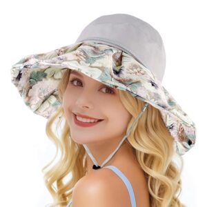 PALAY® Sun Hat for Women Stylish,Floral Print Hats for Women,Flexible Wide Brim Beach Hat UV Sun Protection Breathable Fishing Hats with Detachble Chin Strap