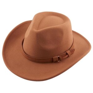 The Tie Hub Brown Cowboy Fedora Hat for Men Wide Brim with Brown Belt