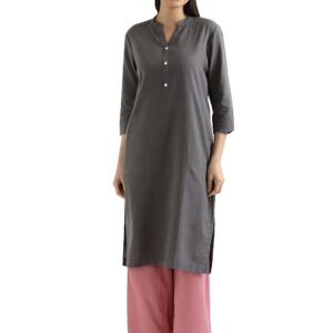 SAADAA Women's Linen Straight Fit Straight Long Kurta Airy Plain Kurta, 3/4 Sleeve, Knee Length Kurtis with Pockets, Casual and Office Wear