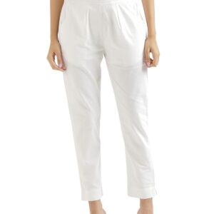 SAADAA Women's Slim Fit Mid Rise Cotton Pant Half-Elasticated Waist Regular Trouser, Pocket Pants for Office School Formal Casual Daily Use